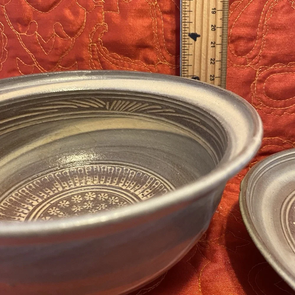 Japanese Tea Ceremony Bowl W/Saucer/Lid Brushed Brown Perfect Condition‎ Signed